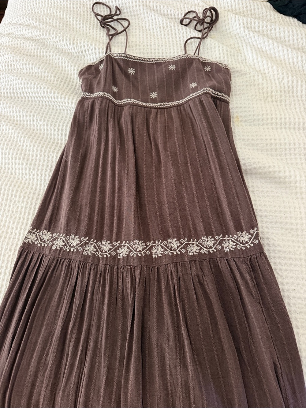 American Eagle Outfitters Brown Embroidered Maxi Dress with White Detail